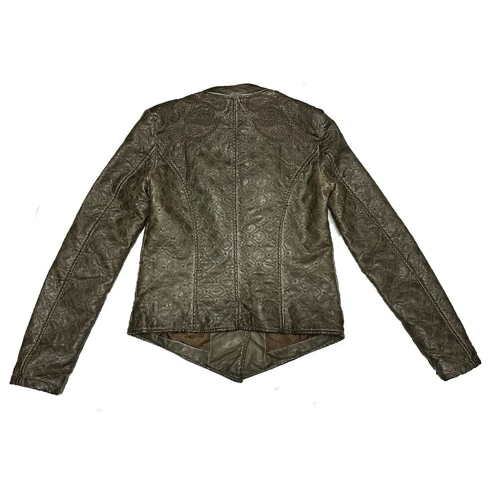NEW Allen Schwartz Womens Small Lattice Embroidered Brown Faux Leather Jacket